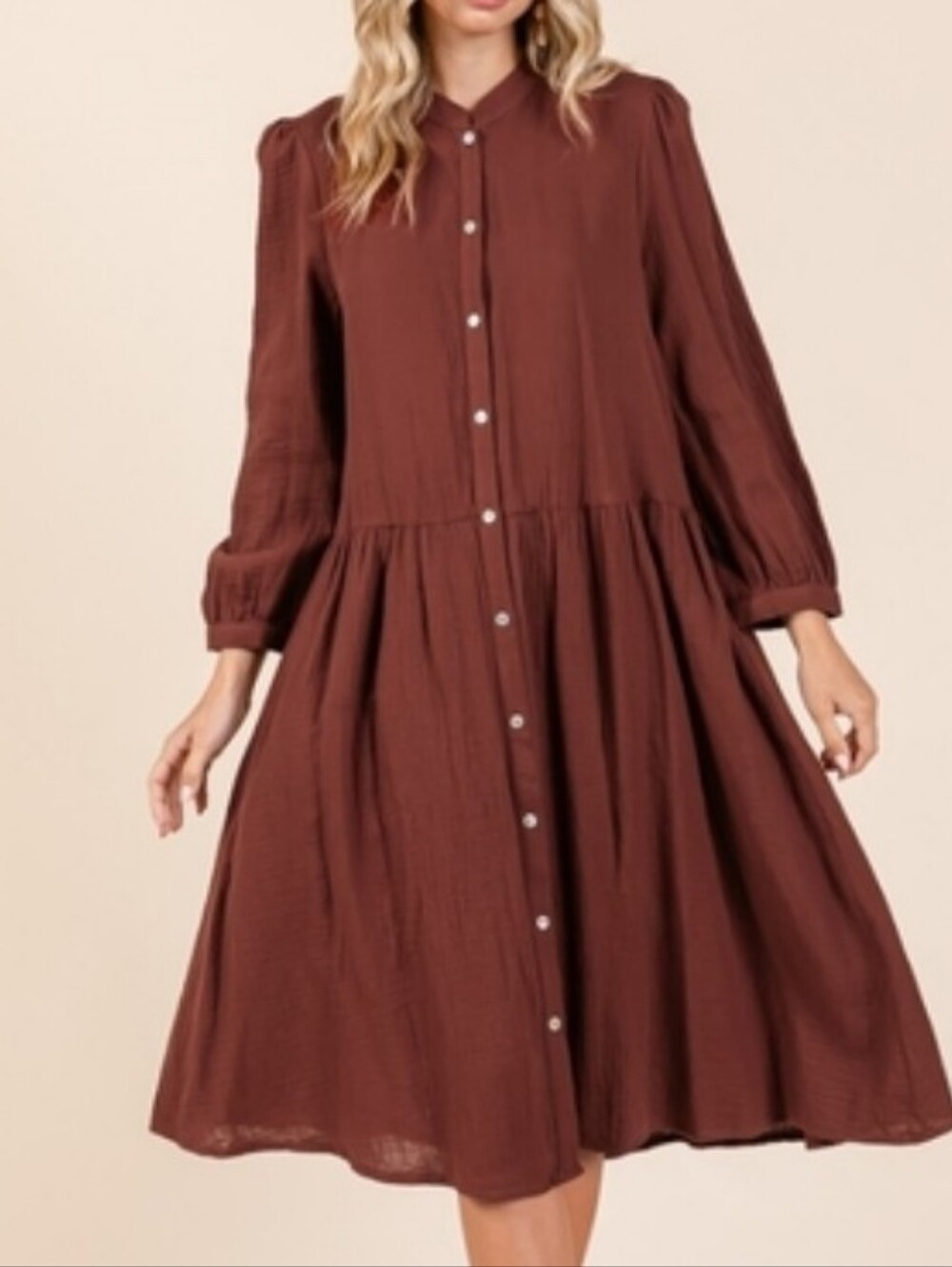 NWT - ROLYPOLY Brown Double Gauze Tiered Cotton Midi Shirt Dress - Size L
